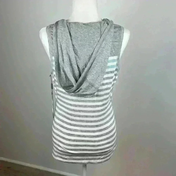Calvin Klein Grey White & Blue Striped Hooded Active Top - Picture 4 of 6